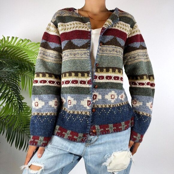 Vintage 90s Cottagecore Aztec Patchwork Western Silk Wool Cardigan Sweater / L - Picture 1 of 6